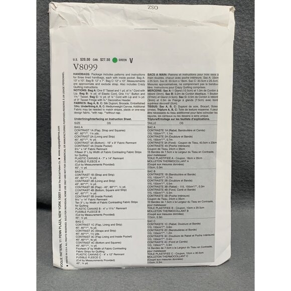 Vogue Accessories B. Randle Handbag Sewing Pattern V8099 uncut - Picture 2 of 2